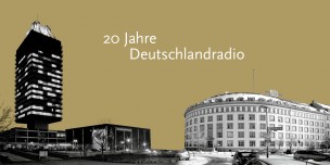 Zu sehen ist eine stilisierte Grafik der Funkhäuser des Deutschlandfunks und des Deutschlandradios Kultur mit dem Schriftzug 20 Jahre Deutschlandradio